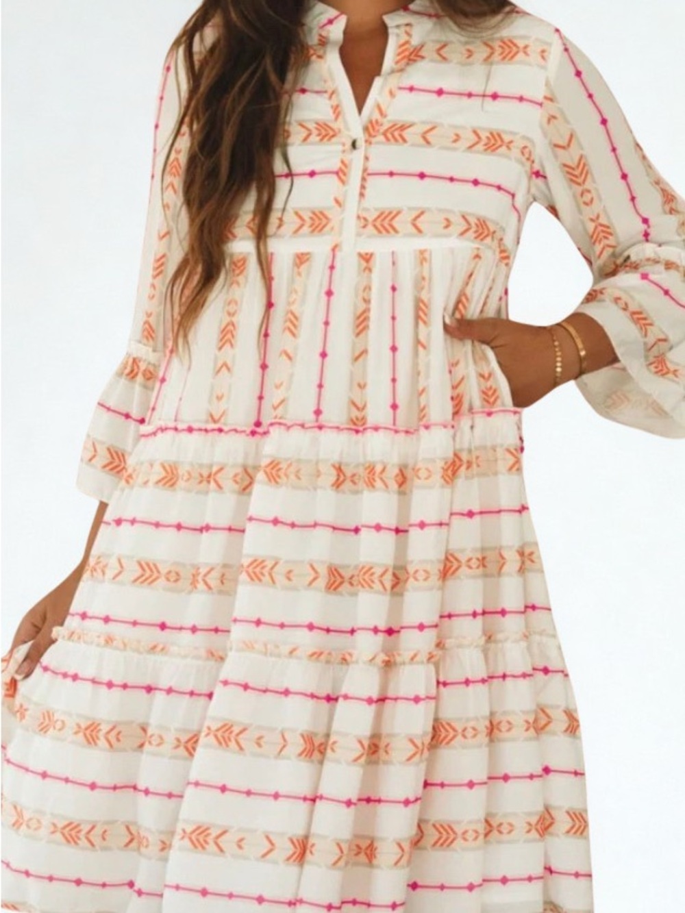 White Boho Dress Pink Orange Print Tiered Ruffle Bracelet Sleeve Flowy